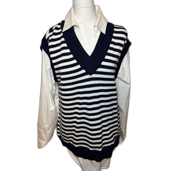 Charter Club Layered Sweater Striped Vest Shirt Intrepid Blue Combo Womens - Picture 3 of 6
